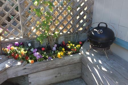 Private BBQ patio with flower planter at Sea Escape